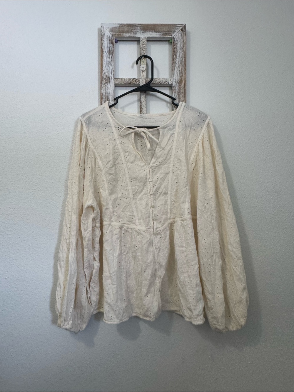 Cream Eyelet Peasant Blouse with Tie Neck